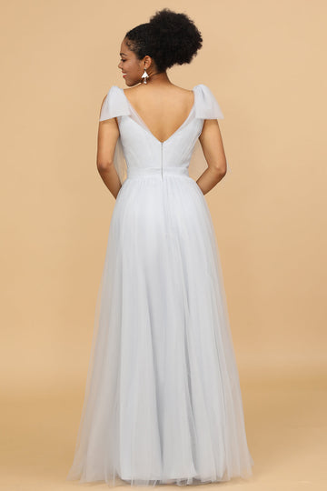 Vestido de dama de honor tul gris cuello en V Escote A